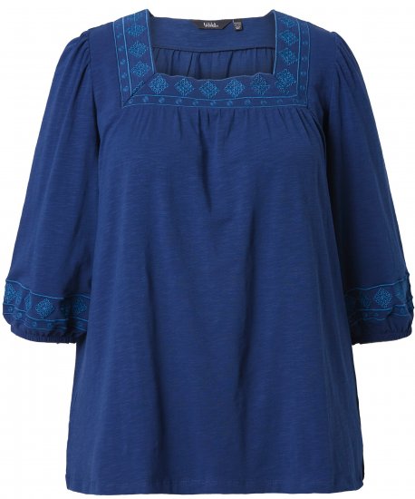 Ulla Popken Embroidered Detail 3/4 Sleeve Tee Dark Blue - Bedruckte T-shirts für damen - 