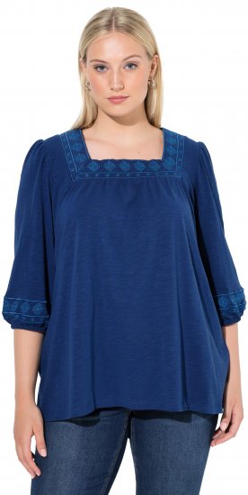 Ulla Popken Embroidered Detail 3/4 Sleeve Tee Dark Blue - Bedruckte T-shirts für damen - 
