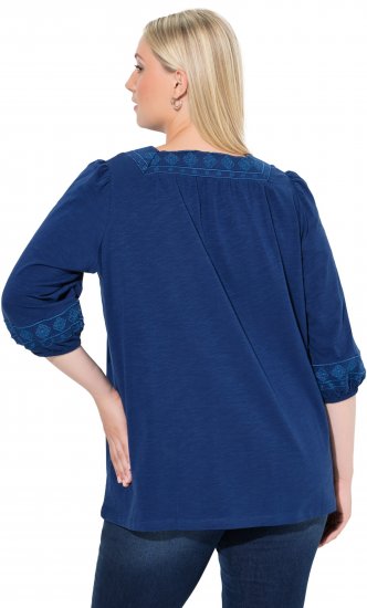 Ulla Popken Embroidered Detail 3/4 Sleeve Tee Dark Blue - Bedruckte T-shirts für damen - 