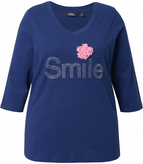 Ulla Popken Smile Rhinestone 3/4 Sleeve Graphic Tee Ink Blue - Bedruckte T-shirts für damen - 