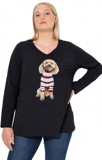 Ulla Popken Sequined Puppy Long Sleeve Graphic Tee Black - Bedruckte T-shirts für damen - 