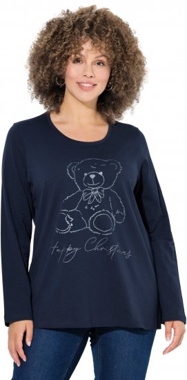 Ulla Popken Holiday Long Sleeve Graphic Tee Navy Blue - Bedruckte T-shirts für damen - 