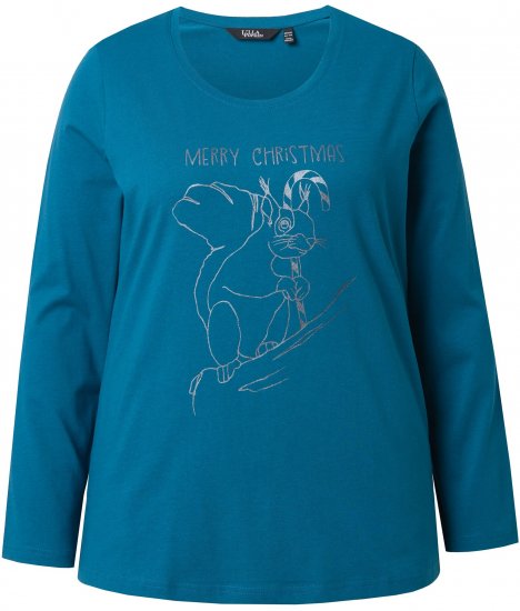 Ulla Popken Holiday Long Sleeve Graphic Tee Teal - Bedruckte T-shirts für damen - 
