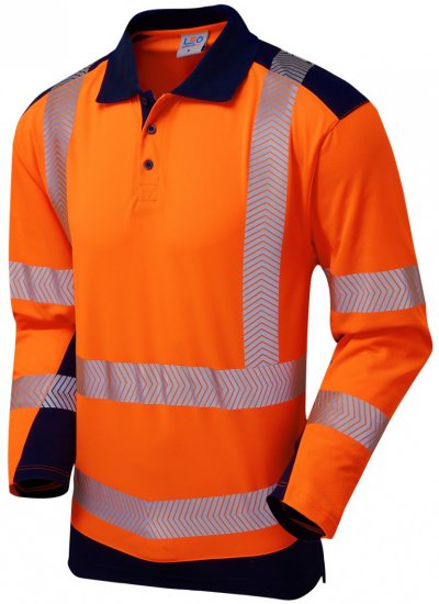 Leo Wringcliff Coolviz Plus L/S Polo Hi-Vis Orange/Navy - Herren arbeitskleidung - Herren Arbeitskleidung Große Größen