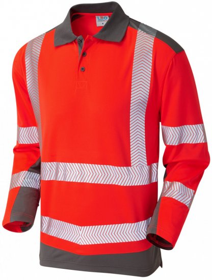 Leo Wringcliff Coolviz Plus L/S Polo Hi-Vis Red/Grey - Herren arbeitskleidung - Herren Arbeitskleidung Große Größen